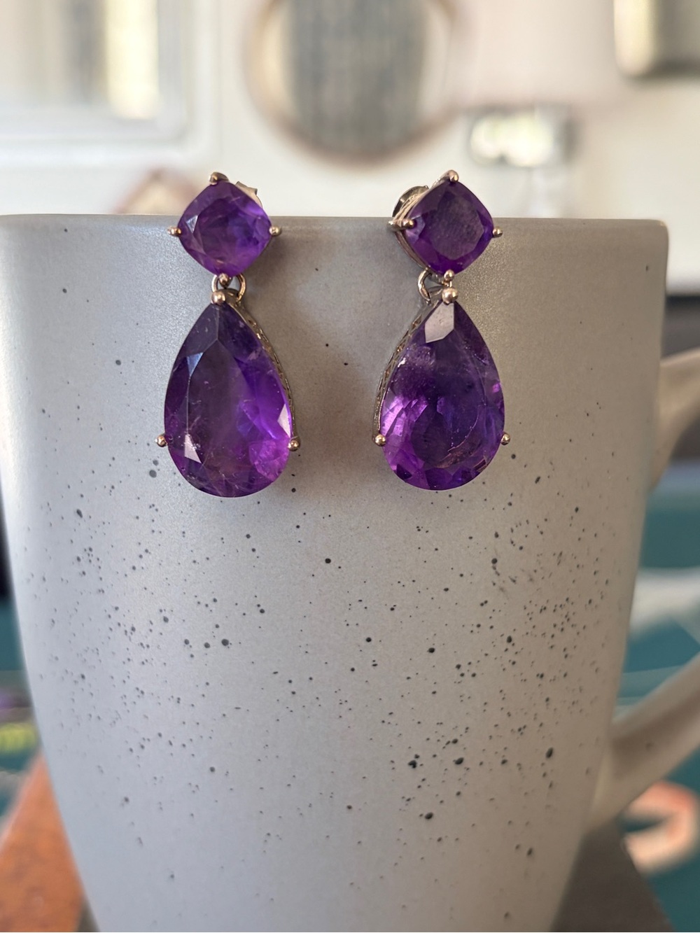 Sterling Silver and Natural Amethyst tear drop stud drop earrings